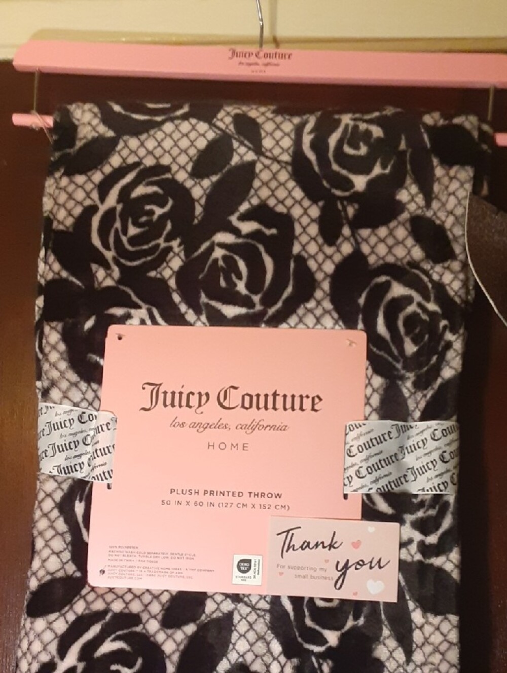 Juicy Couture Black and Pink Rose Plush Throw - Picture 3 of 6